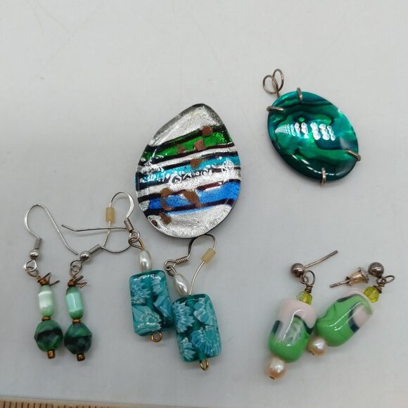 Pendant Earring Art Glass 2 Pendants 3 Pairs Of Earrings Blue Green Dangle - Picture 1 of 7